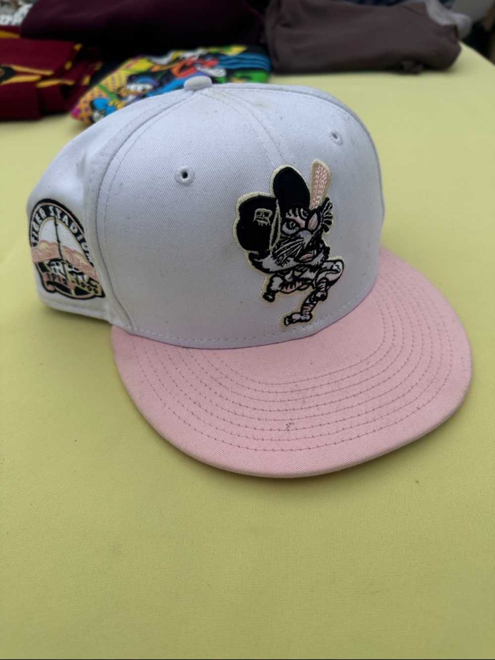 White & Light Pink Baseball Cap with Mascot Patch
